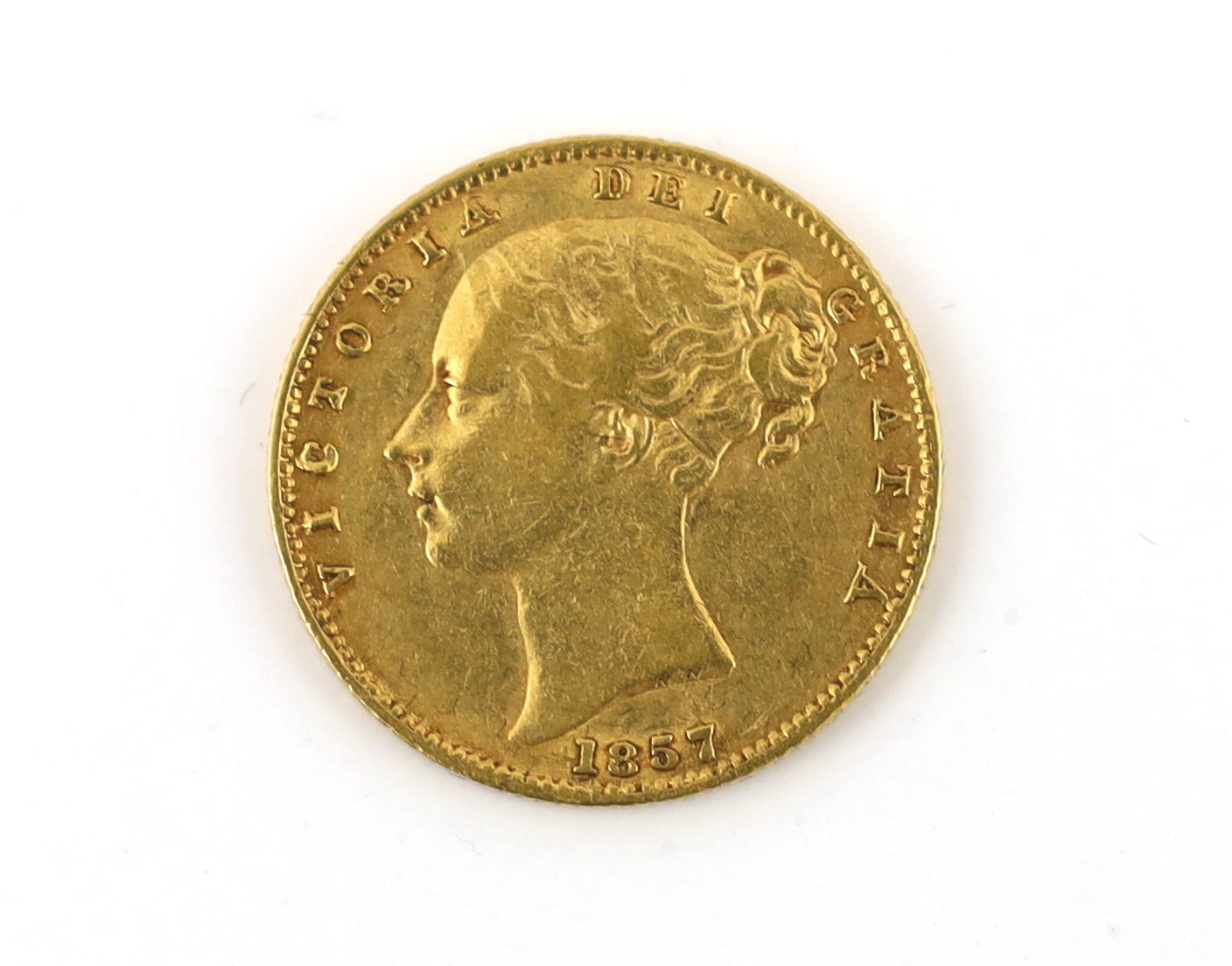 British gold coins, Victoria sovereign 1857 C over blundered T, Fine